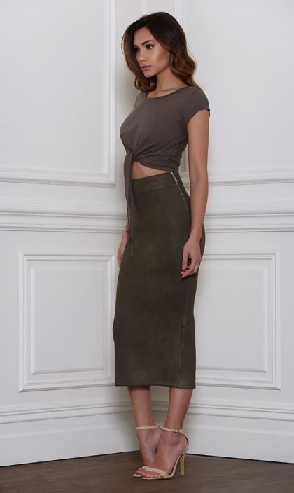 RUNAWAY Rhythm Suede Skirt - Khaki - Image 2