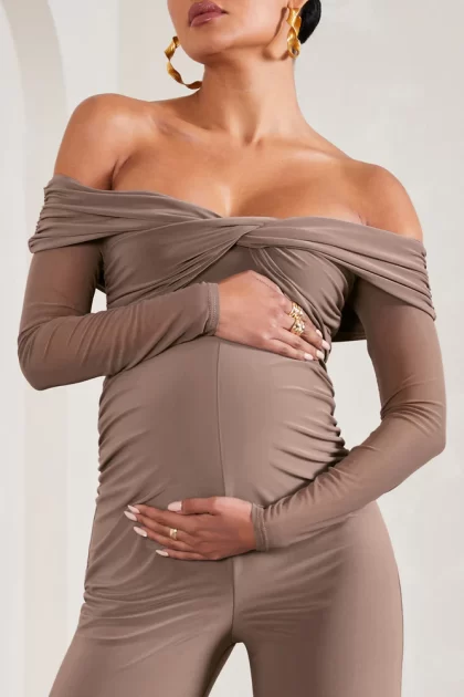 CLUB L LONDON Kyla Maternity Jumpsuit - Mocha (HIRE) - Image 4