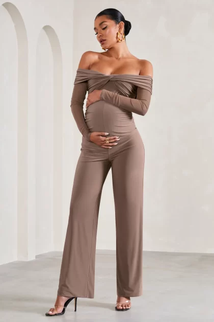 CLUB L LONDON Kyla Maternity Jumpsuit - Mocha (HIRE)